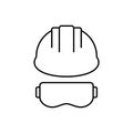 Safety helmet with goggles line icon. Hard construction hat with glasses. Work safety concept.