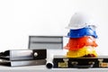 Safety helmet on table in office , engineer concept Teamwork of Royalty Free Stock Photo
