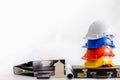 Safety helmet on table in office , engineer concept Teamwork of Royalty Free Stock Photo