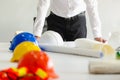 Safety helmet on table in office , engineer concept Teamwork of Royalty Free Stock Photo