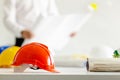 Safety helmet on table in office , engineer concept Teamwork of Royalty Free Stock Photo