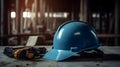 Safety helmet and tool belt on the table in construction site background. Generative AI. Royalty Free Stock Photo