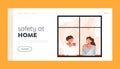 Safety at Home Landing Page Template. Young Women Looking Through the Window of Home Drinking Coffee or Tea