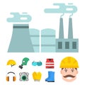 Safety industrial gear tools flat vector illustration body protection worker equipment factory engineer clothing.