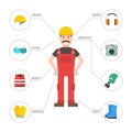 Safety industrial man gear tools flat vector illustration body protection worker equipment factory engineer clothing. Royalty Free Stock Photo