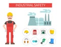 Safety industrial man gear tools flat vector illustration body protection worker equipment factory engineer clothing. Royalty Free Stock Photo