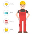 Safety industrial man gear tools flat vector illustration body protection worker equipment factory engineer clothing. Royalty Free Stock Photo