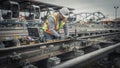 Safety inspector testing track alignment in offseason sharp on tools and bolts while vacant rides and muted tones create Royalty Free Stock Photo