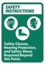 Safety Instructions Sign Safety Glasses, Hearing Protection, And Safety Shoes Required Beyond This Point on white background Royalty Free Stock Photo