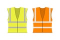 Safety jacket security. Set of yellow and orange work uniform with reflective stripes. Vector stock illustration Royalty Free Stock Photo