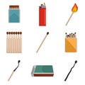 Safety match ignite burn icons set isolated