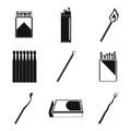 Safety match ignite burn icons set, simple style