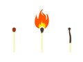 Safety match, lighted match and burnt match icons. Burnout syndrome. Working burnout conception. Vector Royalty Free Stock Photo