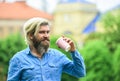 Safety measures. Personal cup. Third wave coffee. Man with beard drinking coffee. Man drink coffee background defocused