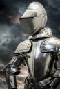 Safety.Medieval armor over clouds background. Concept of firewall protection Royalty Free Stock Photo