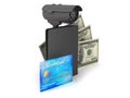 Safety money - bills, credit card, wallet and video surveillance Royalty Free Stock Photo