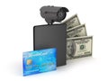 Safety money - bills, credit card, wallet and video surveillance Royalty Free Stock Photo