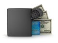 Safety money - credit card, bills, wallet and monitoring camera Royalty Free Stock Photo