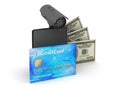 Safety money - credit card, bills, wallet and monitoring camera Royalty Free Stock Photo