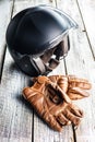 Safety motorcycle accessories. Leather gloves and helmet