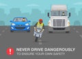 Safety motorcycle driving rule. Never drive dangerously to ensure your own safety warning poster design. Royalty Free Stock Photo