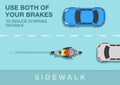 Safety motorcycle driving rules and tips. Use both your brakes to reduce stopping distance. Top view of a bike rider on road.