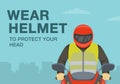 Safety motorcycle driving rules and tips. Wear helmet to protect your head warning. Front close-up view of a bike rider.