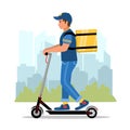 Safety motorized scooter delivery and service concept. Courier with a box on the city background. Delivery man character riding e