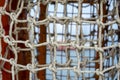 Safety net on boat. Ropes on boat. Safety ropes and blue sea, closeup Royalty Free Stock Photo