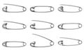 Safety pin icon set. Metal sewing tool for fasten pieces of clothing together. Vector design of opened and closed silver Royalty Free Stock Photo