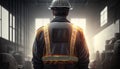 Safety profession construction , fireman wearing safety uniform from back view, working, training technique, safe body harness, Royalty Free Stock Photo