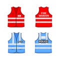 Safety reflective vest with label FIRE WARDEN, POLOCE flat style design vector illustration set.