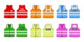 Safety reflective vest with label flat style design vector illustration set.