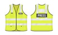 Safety reflective vest with label PRESS tag flat style design vector illustration set. Royalty Free Stock Photo