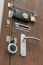 Safety and security concept. Door with many locks. 3D rendered illustration