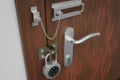 Safety and security concept. Door with many locks. 3D rendered illustration.