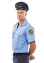 Safety, security and portrait of police on a white background for authority, leadership and public service. Law