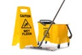 Safety sign with phrase Caution wet floor, mop and bucket on white background. Cleaning service Royalty Free Stock Photo