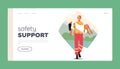 Safety Support Landing Page Template. Rescuer Male Character Heroically Carries Girl To Safety from Water