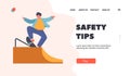 Safety Tips Landing Page Template. Kid Jumping on Quarter Pipe, Skateboarding Outdoor Activity. Little Boy Fun