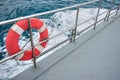 Safety white and red safety torus or lifebuoy hanging on the stainless steel fence on a boat deck to prepare to save lives. Backgr Royalty Free Stock Photo