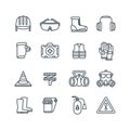 Safety work equipment and protective clothing line vector icons