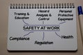 Safety at Work write on a book with keywords isolated on office desk