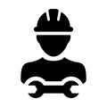 Safety worker icon vector male construction service person profile avatar with hardhat helmet and wrench or spanner tool in glyph