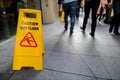 Safety workplace caution wet floor warning sign on the floor surfaces Royalty Free Stock Photo