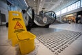 Safety workplace caution wet floor warning sign on the floor surfaces Royalty Free Stock Photo