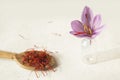 Saffron flower and spoon with saffron types Royalty Free Stock Photo
