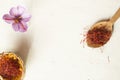 Saffron flower and types in a spoon Royalty Free Stock Photo
