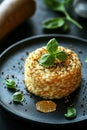 Saffron risotto with basil and gold leaf on elegant black plate Royalty Free Stock Photo