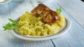 Saffron Risotto with Crispy Pork Royalty Free Stock Photo